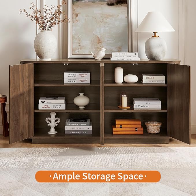 LKTART 64" Buffet Cabinet with Storage, Modern Fluted Accent Sideboard Media Console Credenza with Adjustable Shelves Pressed Spring for Kitchen Living Room,31.5" H (Walnut)