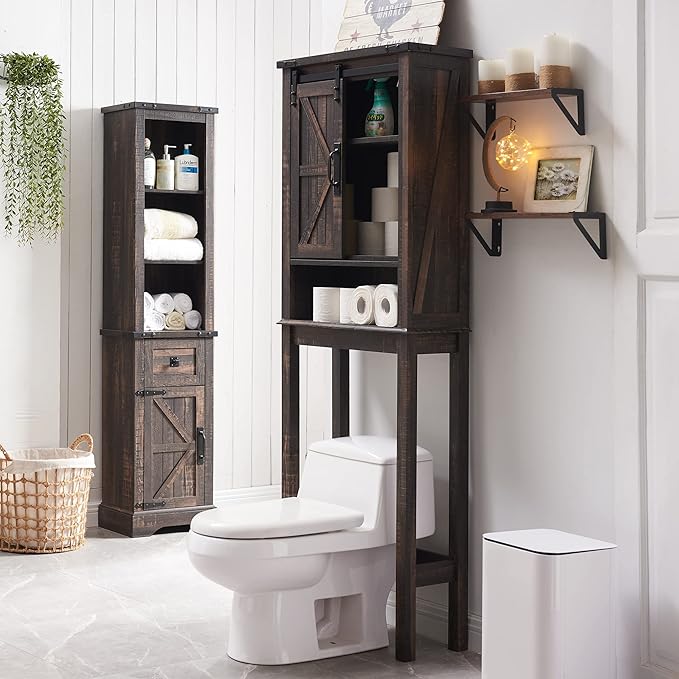OKD Over The Toilet Storage Cabinet, Farmhouse Storage Cabinet Over Toilet with Sliding Barn Door & Adjustable Shelves, Home Space Saver for Bathroom, Living Room, Dark Rustic Oak
