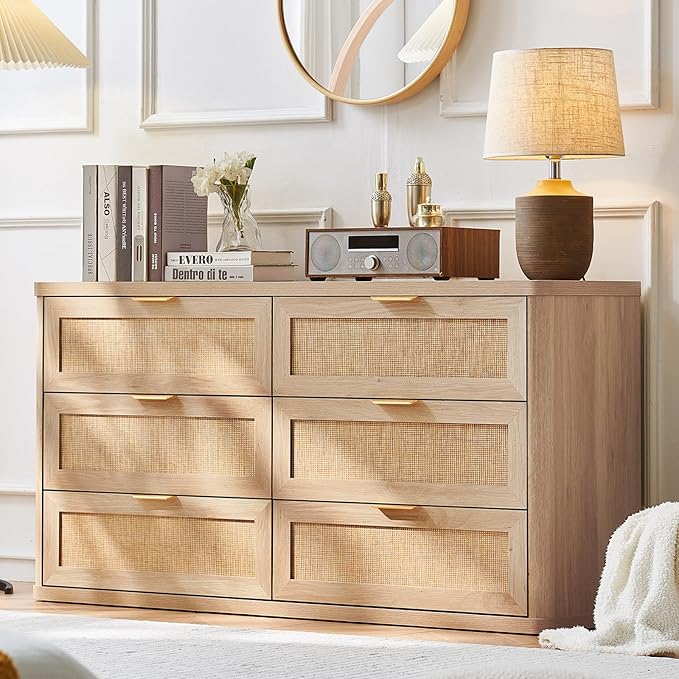 LEYAOYAO Rattan 6 Drawer Dresser for Bedroom Set of 2, Boho 54" Wide Natural Wood Dresser Chest of Drawers, Dressers TV Stand with Metal Handle, Storage Dressers Closet Organizer for Living Room