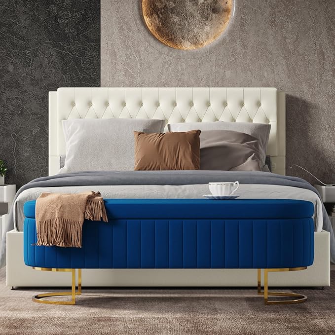 EcoHarbor Living 55.5" Storage Bench Ottoman End of Bed Bench Bedroom Bench, Upholstered Velvet Long Window Bench Large King Size with Gold Legs, Flipping Lid Entryway Footrest