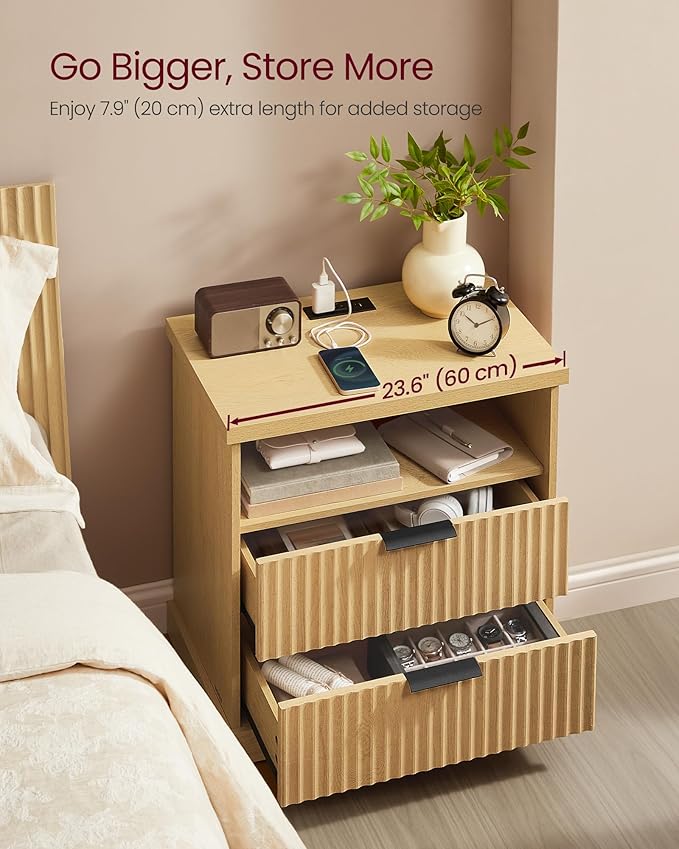 VASAGLE MAXE Collection - Set of 2 Nightstands with Charging Station, Fluted Night Stand, Bedside Table, Mid Century Modern Side End Table, 2 Drawers, 2 AC Outlets, 2 USB Ports, Oak Beige ULET926Y01