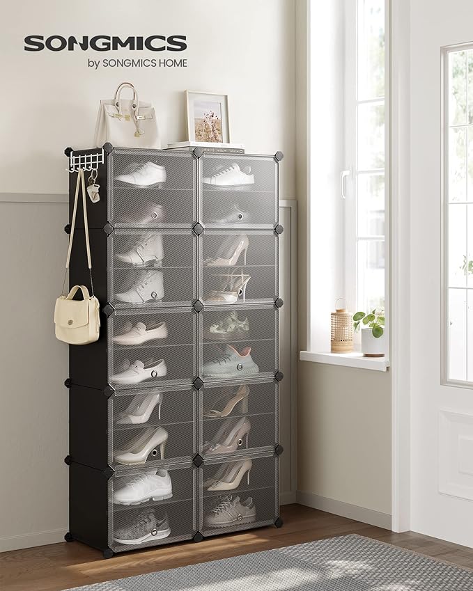 SONGMICS Shoe Rack Organizer, 10-Tier Shoe Storage Cabinet for Closet and Entryway, Holds 40 Pairs of Shoes, Adjustable, Ink Black and Trasparent ULPC035B01