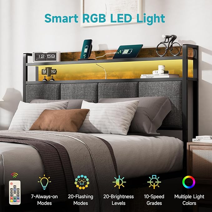 Z-hom Full Bed Frames, Full Bed Frame with 2-Tier Storage Upholstered Headboard, Metal Platform with USB Charging Station & LED Lights, Noise Free, No Box Spring Needed, Easy Assembly, Vintage Brown