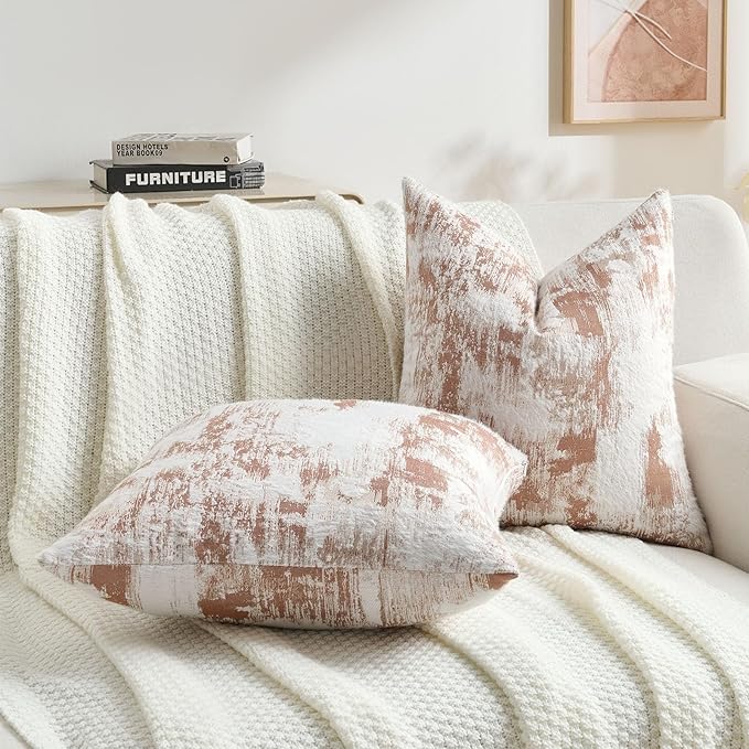 FUTEI Rust White Decorative Throw Pillow Covers 18x18 Inch Set of 2,Soft Faux Cashmere Jacquard - Textured & Cozy Cushion Case,Modern Home Decor for Couch Bed Living Room