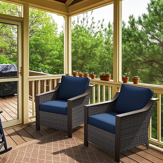 Outdoor Armchairs Set of 2, Patio Metal Wicker Conversation Furniture Set, Premium & Washable Cushions, Durable PE Rattan, Metal Armrests with Wood Grain, Backyard (Navy Blue)