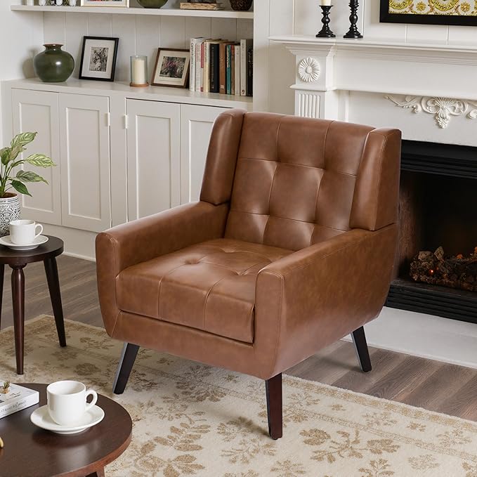 Faux Leather Accent Chair, Mid-Century Modern Upholstered Armchair, Comfy Living Room Chairs Reading Chairs with Button Tufted Back & Solid Wood Legs for Bedroom, Office, Coffee