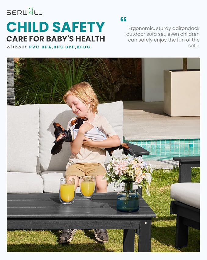 SERWALL HDPE Outdoor Furniture Set 4, All Weather Wood-Like Outdoor Sofa Sectional Couch, Grey Patio Furniture Set with Khaki Cushions