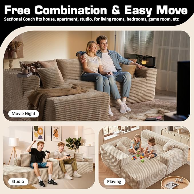 106" Cloud Sectional Couch with Chaise Lounge,L Shaped Modular Modern Sofa,Comfy Corduroy Fluffy Couches with Deep Seat,No Assembly Required Couch for Living Room(Left,Plush Corduroy,Beige)