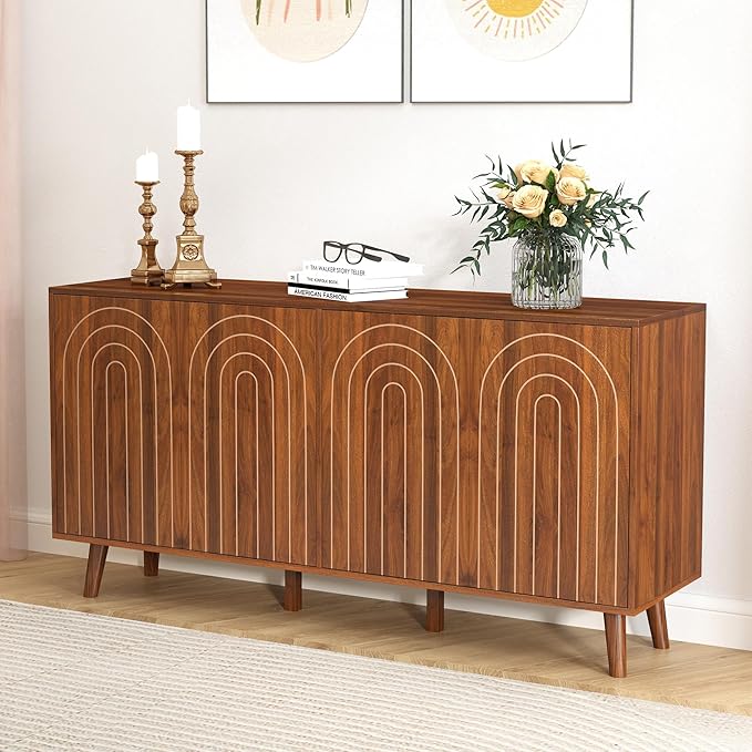 59" Buffet Cabinet with Storage, Modern Accent Sideboard Storage Cabinet with 4 Doors & Carving Lines, Wooden Coffee Bar Table Console for Living Room Kitchen Office and Hallway (Walnut)