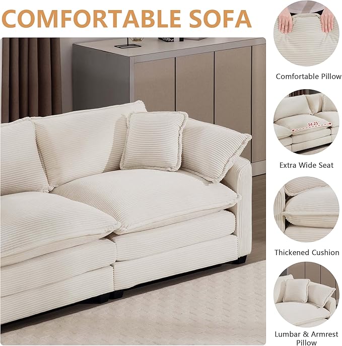 mikibama Luxury 3 Piece Sofa Set, 3-Seater & 2 Single Sofa Set, Modern Corduroy Comfy Cloud Couches Set for Living Room Office with 2 Armrest Pillows and 5 Toss Pillows, Beige