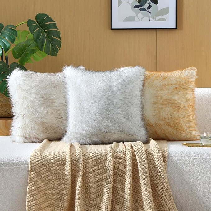 FUTEI Brown White Decorative Throw Pillow Covers 16x16 Inch Set of 2,Soft Fluffy Faux Fox Fur Textured Cushion Case,Modern Home Decor for Couch Living Room