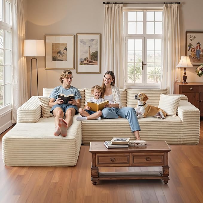 106" Cloud Sectional Couch with Chaise Lounge,L Shaped Modular Modern Sofa,Comfy Corduroy Fluffy Couches with Deep Seat,No Assembly Required Couch for Living Room(Left,Plush Corduroy,Beige)