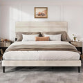 WLIVE King Size Upholstered Bed Frame, Velvet Square Tufted Headboard, Sturdy Metal & Wooden Slats Support, No Box Spring Needed, Beige