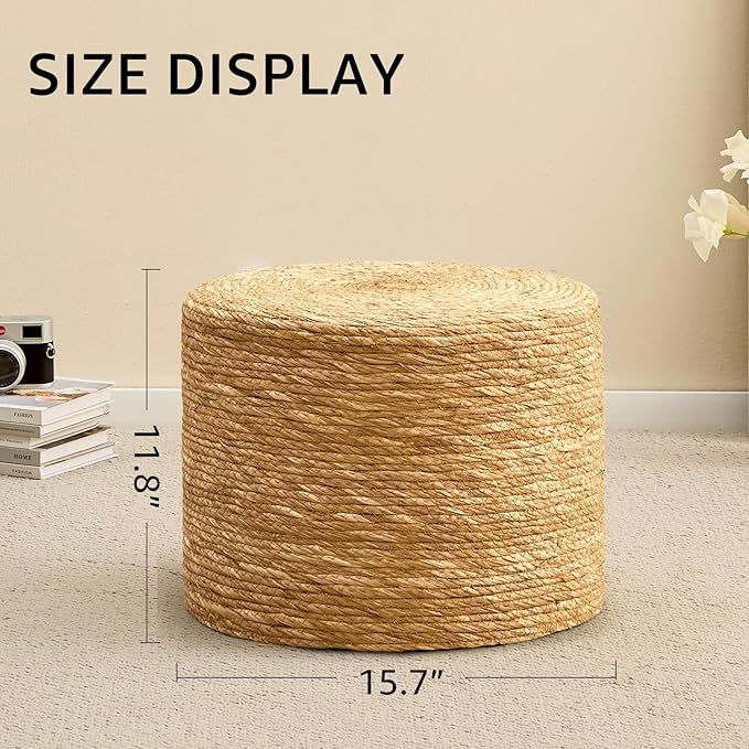 Wimarsbon Round Pouf Ottoman, Natural Hand Knitted Footrest Poof, Rustic Lounge Pouffe, Boho Pous Foot Stool, Accent Table or Seat (Natural Cattail, 15.7 * 15.7 * 11.8)