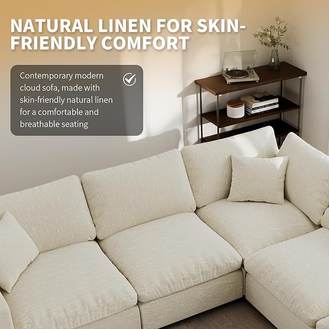 Modern Sectional Linen Cloud Couch for Living Room V-Shape Sofas,5 Seat Modular Sofas with Ottoman,Couches Cushion Covers Removable,Cozy Feather Down Sofa for Apartment Beige