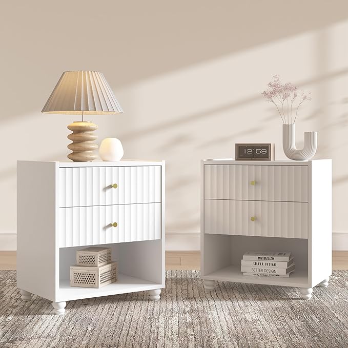 Modern Nightstand Set of 2, Fluted End Table with Open Shelf, Night Stand with 2 Drawers for Bedroom (2,White)