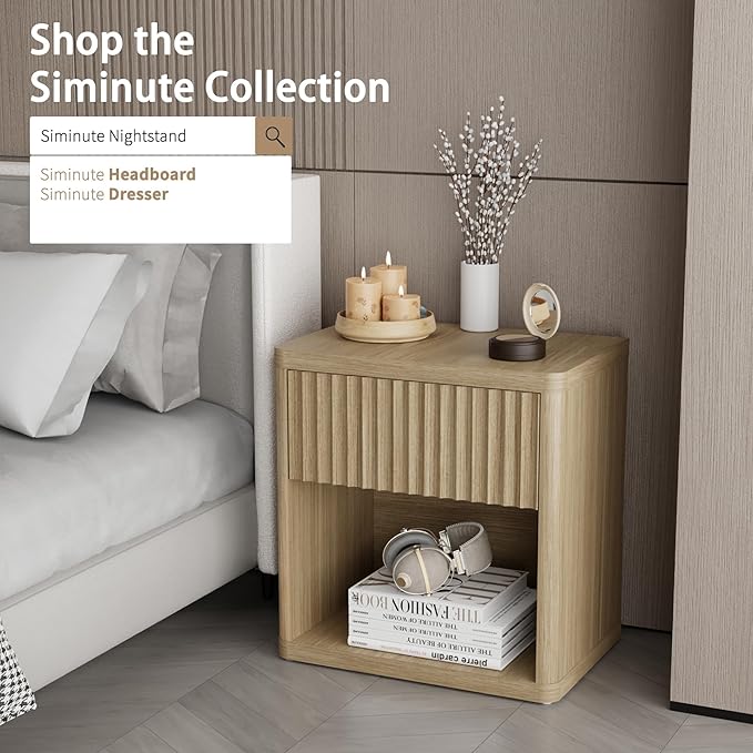 Large Modern Nightstand with Drawer Storage 22.8Inch Wide Fluted Bedside Table End Table for Bedroom, Living Room, Sofa, Couch, Home Office，Mid Century Bed Stands, Natural Color