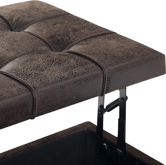 SIMPLIHOME Harrison Coffee Table Storage Ottoman - 36 inch Wide Upholstered Vegan Leather Square Lift-Top Ottoman in Distressed Brown, Transitional Ottoman for Living Room with Hidden Storage