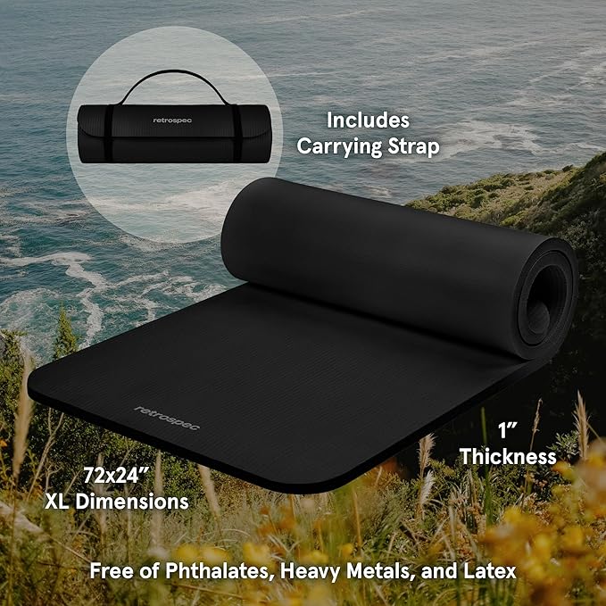 Retrospec Solana Yoga Mat 1" Thick With Nylon Strap For Men & Women - Non Slip Exercise Mat For Home Yoga, Pilates, Stretching, Floor & Fitness Workouts