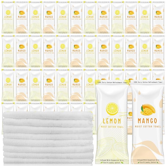 50 Pcs Moist Towelettes Individually Wrapped Scented Disposable Face Towels Essential Oil Infused Moist Terry Cotton Towel for Use Hot or Cold Travel Body Spa (Lemon Mango)