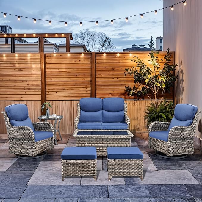 7-Piece Outdoor Wicker Patio Furniture Set with Swivel Glider Chairs,Loveseat, Coffee Table & Ottomans 5” Olefin Cushions Ergonomic Neck-Lumbar Backrest All-Weather Rattan for Garden, Deck, Porch