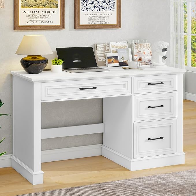 Vabches Farmhouse 47" Executive Desk, Computer Desk with Drawers and File Drawer, Workstation Computer Desk with Charging Station for Home Office,Study,Cream White.
