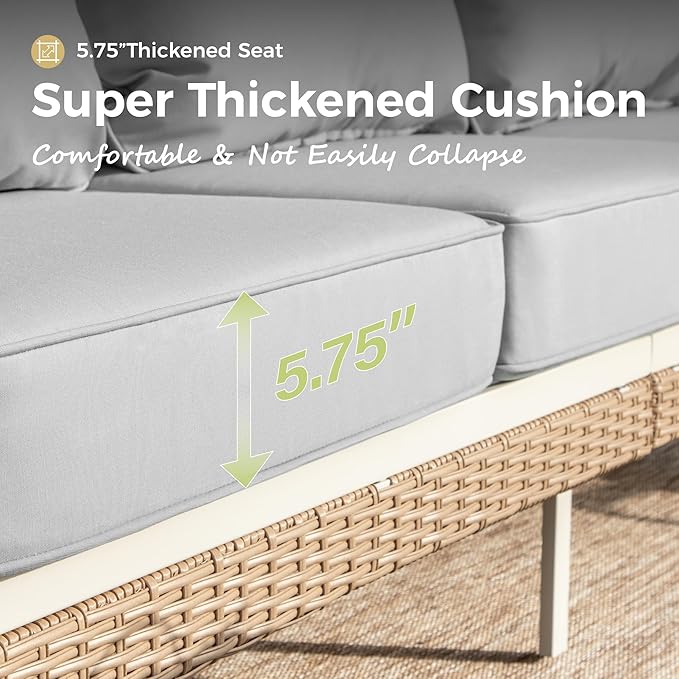 Patio Furniture Sofa, Love-Seat Patio Sofa Steel Frame Outdoor Sectional Couch with Deep Seating and 5.5” Cushions for Lawn Backyard Porch Deck, Beige