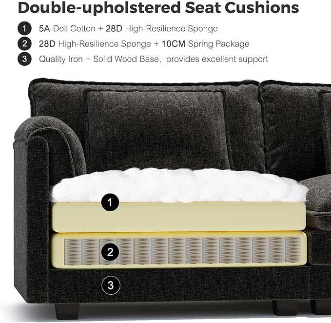 ELUCHANG 113" Modular Sectional Sofa, Comfy Cloud Couch Deep Seat Sofa Couches for Living Room, Modern Sofa with Movable Ottoman and Throw Pillows, DIY Combination - Chenille Black