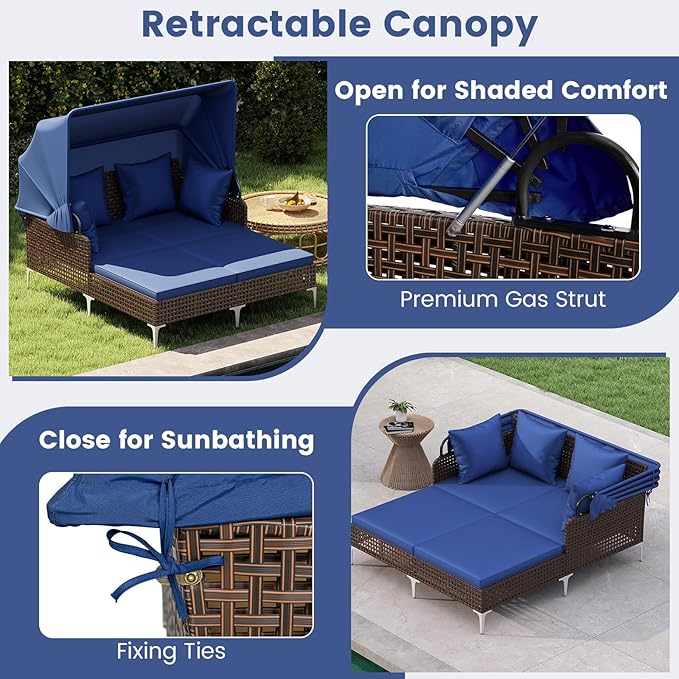 HAPPYGRILL Outdoor Daybed with Retractable Canopy, PE Wicker Rattan Patio Double Chaise Lounger with Cushions, Outside Sunbed Furniture for Garden, Poolside and Backyard (Navy)