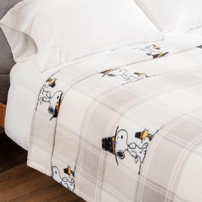 Berkshire Blanket Peanuts® VelvetLoft® Cute Character Snoopy Plush Blanket,Lakeside Plaid Harvest Snoopy and Woodstock Grey,King 90 in x 108 in (Official Peanuts® Product)