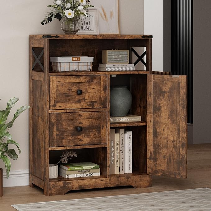 Fameill Farmhouse Storage Cabinet with 2 Drawers & Shelves,Freestanding Kitchen Cabinet with Doors,Floor Storage Organization for Living Room,Bathroom,Laundry,Brown