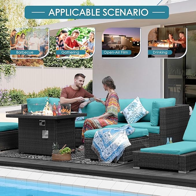 NICESOUL 6 Piece L Shaped Patio Furniture Set with Fire Pit Natural Gas/Propane, 29.3'' High Back Comfy Outdoor Conversations for Outside, Big Size Deep Wide Couches, 2 Color Cushion Turquoise & Grey