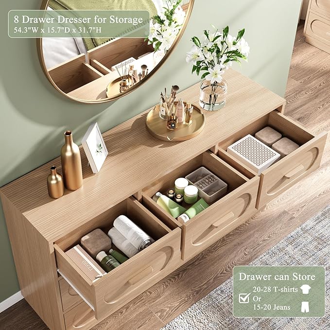 Modern 8 Drawer Dresser for Bedroom, 54" Wide Dressers & Chest of Drawers w/Solid Wood Handle, Wood Mid Century Closet Organizers and Storage Cabinet for Bedroom, Living Room, Hallway, Natural Oak