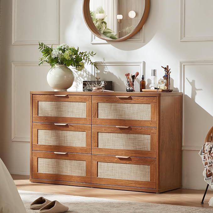 LEYAOYAO Rattan Dresser for Bedroom Set of 2, Boho 48" Wide 6 Drawer Dresser Chest of Drawers, Wood Dressers TV Stand with Metal Handle, Storage Dressers Closet Organizer for Living Room, Hallway