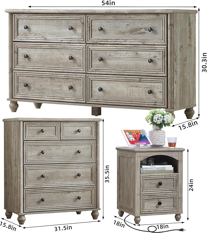 Farmhouse Dressers & Night Stand Set of 4, Wood 54" Wide Dresser & 35" Tall Chest of Drawers, 18" with Charging Station Nightstand Set of 2, Bedroom Furniture Dresser Set for Home Living Room Hallway