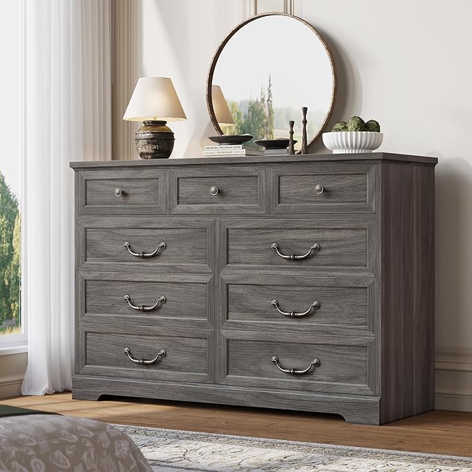 DICTAC Farmhouse 9 Drawers Dresser for Bedroom, Wide Dressers Chest of Drawers, Large Storage Closet Organizer with Natural Texture and Vintage Metal Handle, Wooden Dresser TV Stand for Living Room