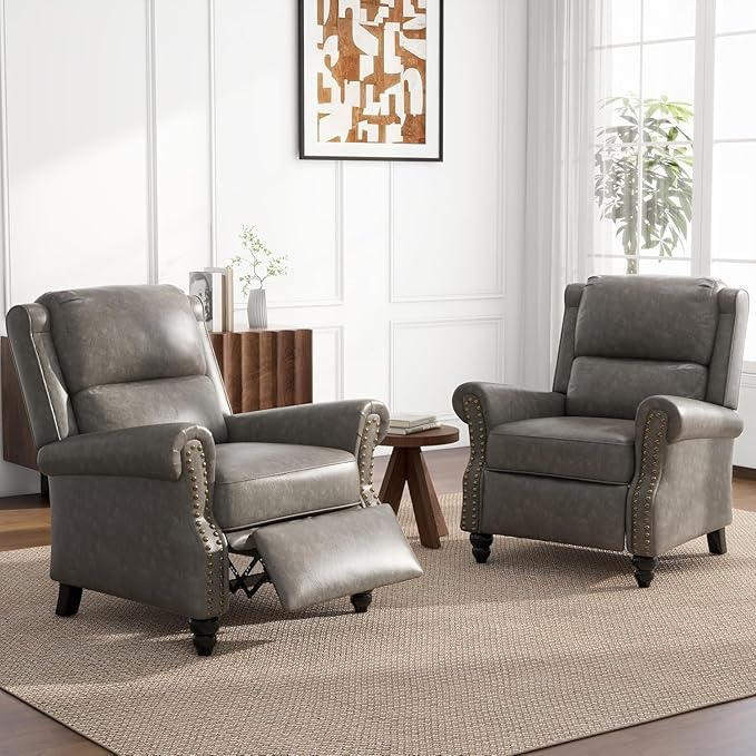 UIXE Faux Leather Recliner Chair, Pushback Armchair Overstuffed Accent Chair for Living Room, Rivet Trim Club Chair Home Theater Single Sofa Bedroom Side Reading Seat - Gray