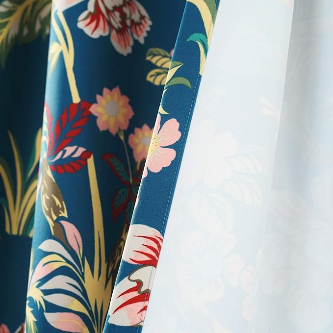 Lush Decor Dolores Light Filtering Window Panels, Pair, 52" W x 63" L, Navy & Multi - Toile Curtains - Floral Bird Print - Grandmillennial & French Country Curtains - Cottage & Maximalist Home Decor