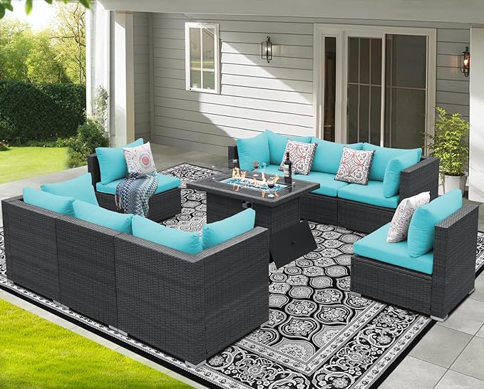 NICESOUL Extra-Large 9 Pcs Outdoor Patio Furniture Set with Fire Pit Table Natural Gas/Propane, 29.3'' High Back Deep Wide Modular Sofa Conversations with Fireplaces, 2 Color Cushion Teal Blue & Grey