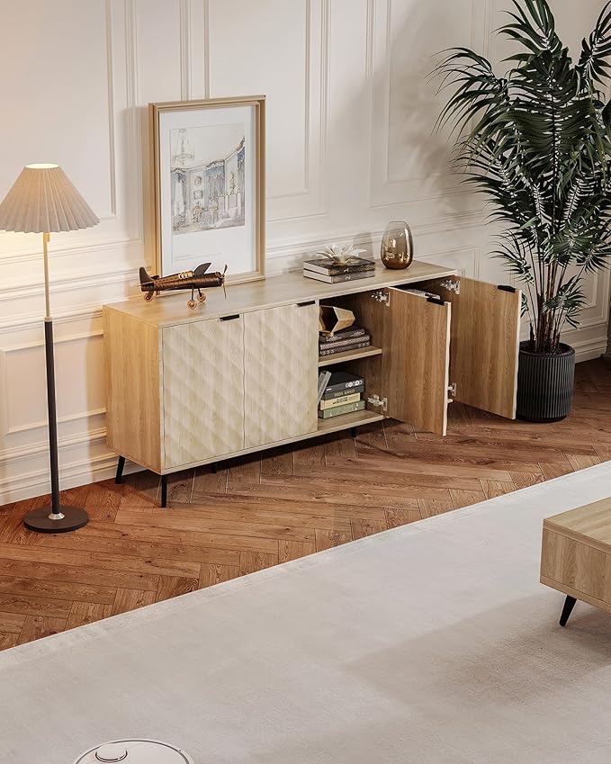Mid-Century Modern Sideboard Cabinet, 63” Buffet with Storage, Diamond-Textured Credenza with 4 Doors, Multifunctional Accent Cabinet for Kitchen, Dining Room, Living Room (Natural Oak)