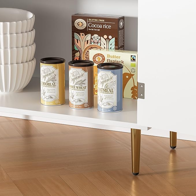 Buffet Sideboard Cabinet [Set of 2] with 4 Doors, Modern Cabinet with with Adjustable Shelf, Golden Handles & Legs, Coffee Bar Sideboard for Kitchen, Living Room, White