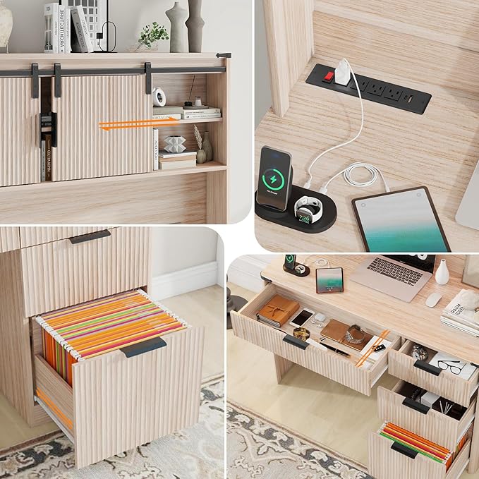 Vabches 67" H Executive Desk with Fluted Drawers,4 Drawers Fluted Computer Desk with LED Light,Charging Hub,Wood Workstation with Hutch and Sliding Barn Doors for Work and Study