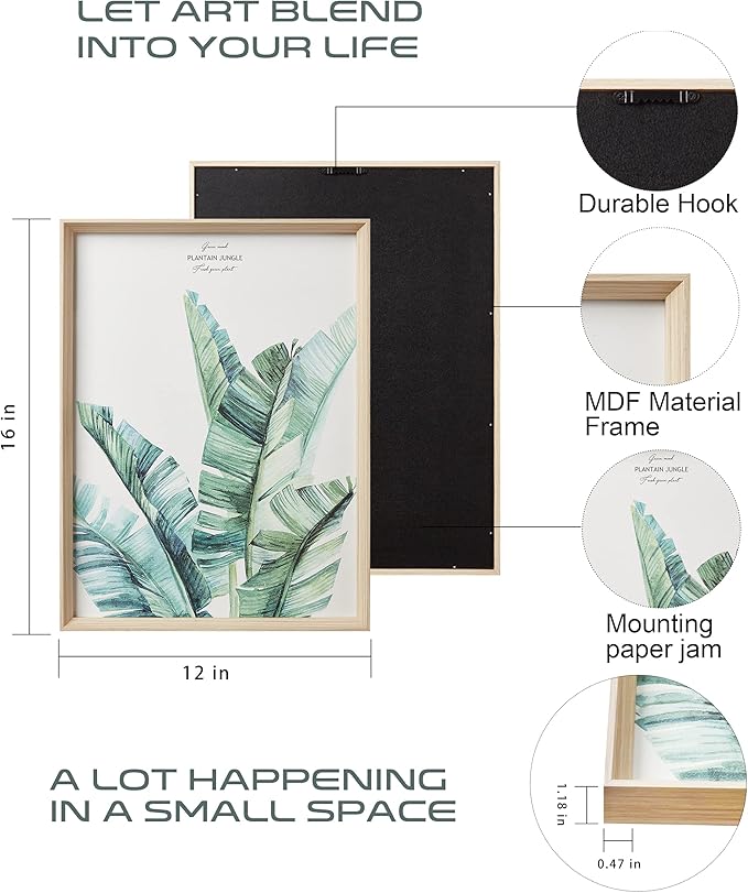 Framed Wall Art,Minimalist Botanical Canvas Wall Art for Living Room,12x16in Plant Wood High-Framed Design Flower Green Eucalyptus Leaf Artworks Prints Poster for Bathroom,Bedroom Set of 3
