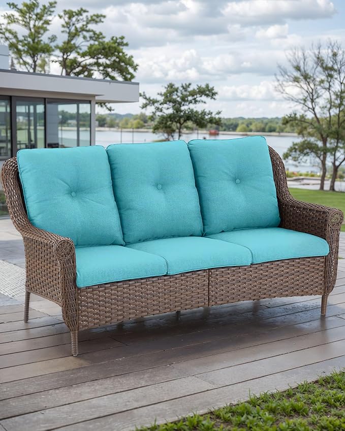 Patio Sofa Outdoor Wicker Couch - Heavy Duty All-Weather Brown Rattan 3-Seater with High Back and Comfortable Thick Cushions for Garden Back Porch Poolside Apartment - Turqoise