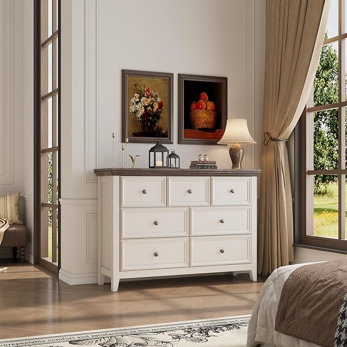 Antique White Dresser for Bedroom 7 Drawers Dresser,7 Chest of Drawers Storage Cabinet for Living Room,Filing Cabinet for Home Office
