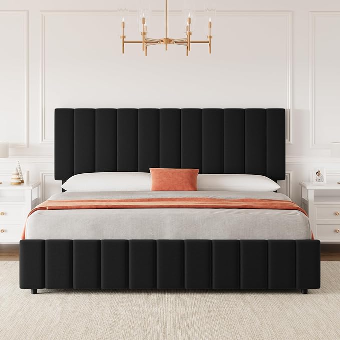Garvee Full Size Bed Frame with 4 Storage Drawers, Adjustable Height Headboard, Linen Upholstered Platform Bed Frame, No Box Spring Needed, Easy Assembly, Black