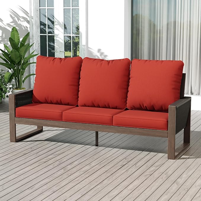 Patio Furniture 3 Seater Sofa Cedar Wood Indoor&Outdoor Couch, Outside Deep Seat High Back Porch Sofa