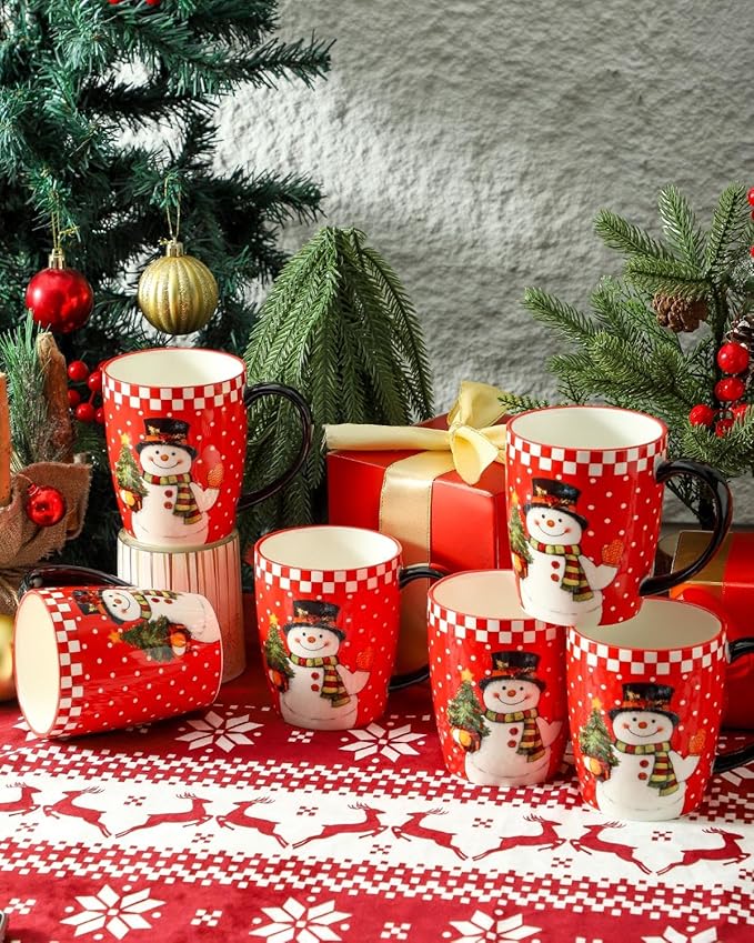 HASENSE Christmas Coffee Mugs Set of 6,15oz Ceramic Mug Gift, Matching Xmas Holiday Cups with Handles for Hot Cocoa,Coffee,Christmas Gifts for Women,Family, Friends