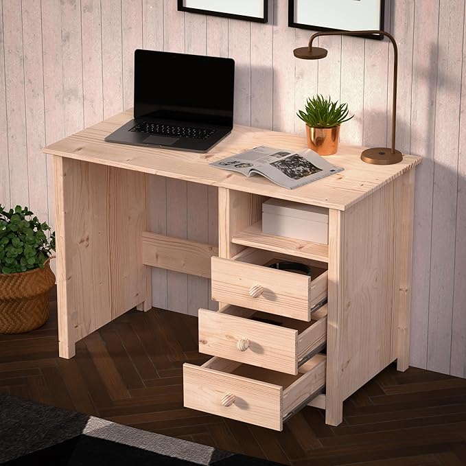 From the Tree Furniture Solid Wood Desk with Drawers – Compact Study Desk for Kids & Adults, Space-Saving Home Office Writing Table, Real Pine Construction