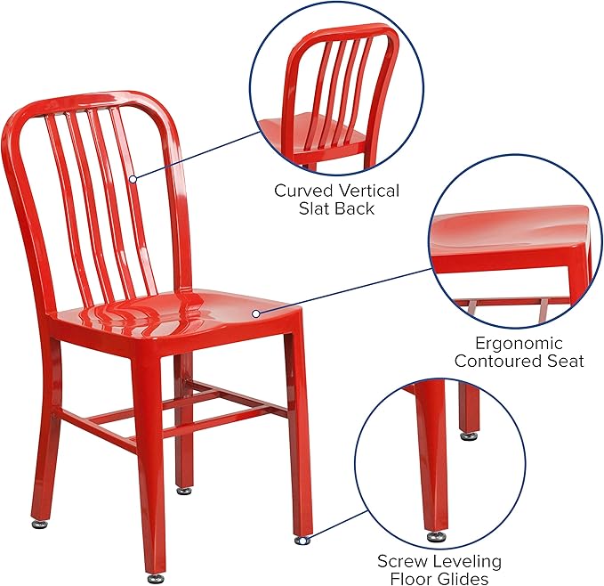 Flash Furniture Gael Indoor/Outdoor Modern Metal Dining Chairs, Commercial-Grade Galvanized Steel Restaurant Chairs, Set of 2, Red